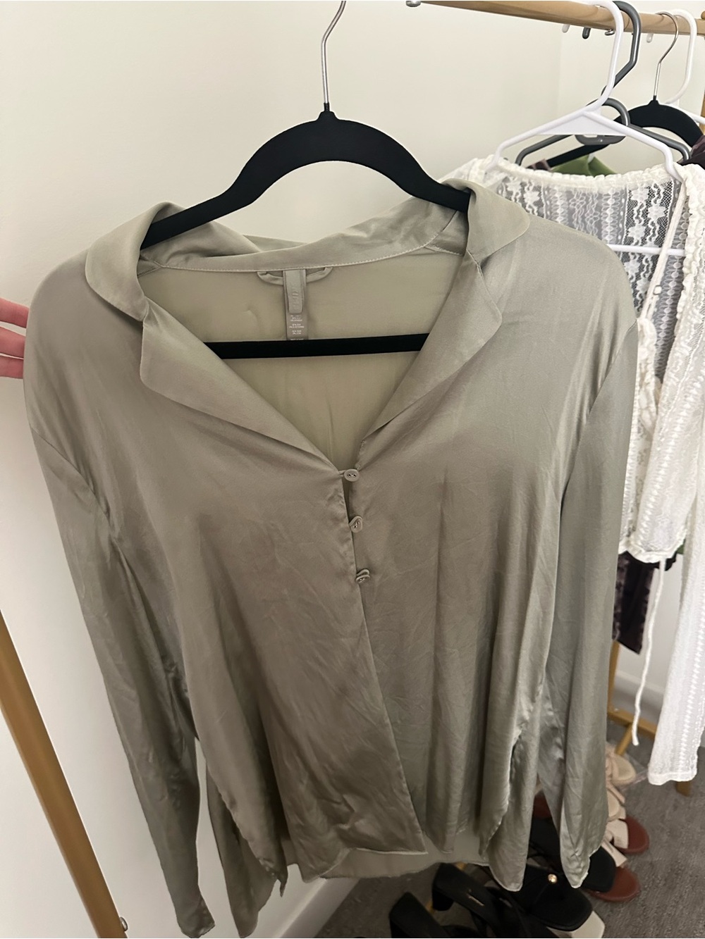 SKIMS Satin Button-Front Long Sleeve top in Light Sage